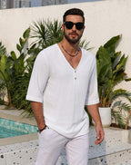 Men’s Short Sleeve V-Neck Linen Henley Shirt