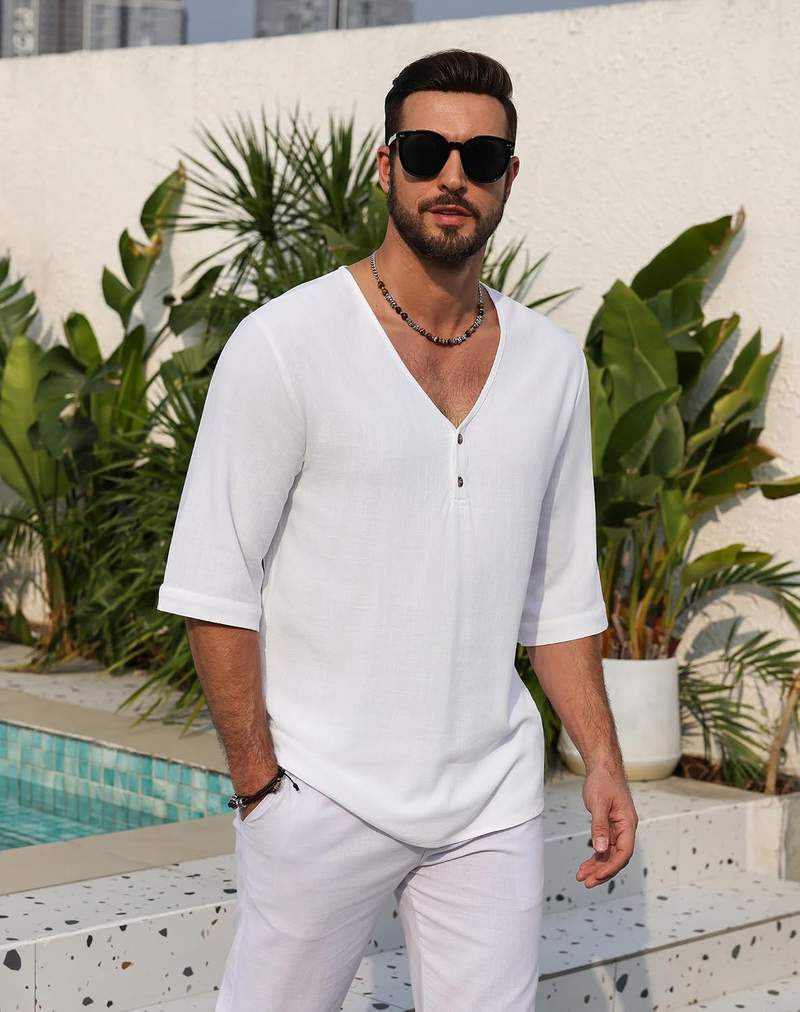 Men’s Short Sleeve V-Neck Linen Henley Shirt