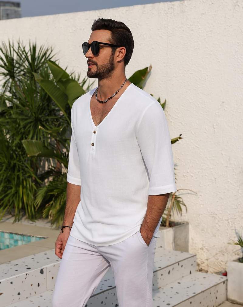 Men’s Short Sleeve V-Neck Linen Henley Shirt