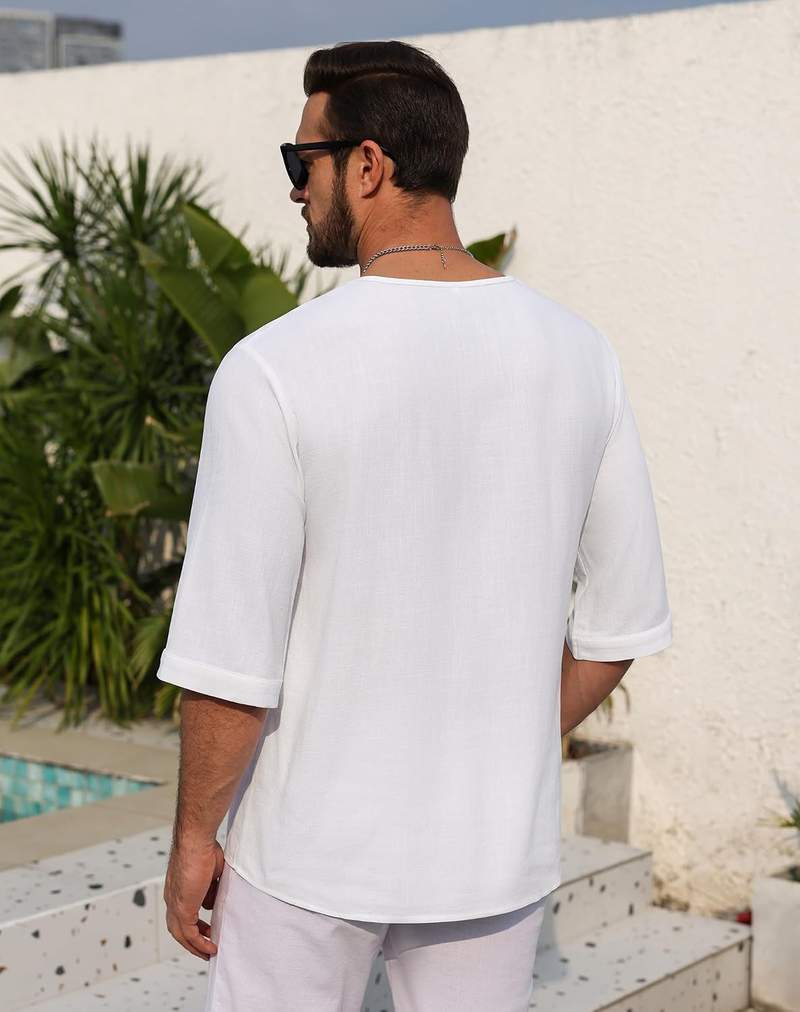 Men’s Short Sleeve V-Neck Linen Henley Shirt